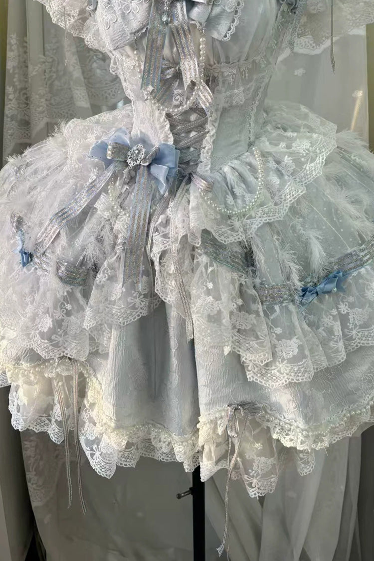 Blue [Anna’s Ball] Square Collar Ruffled Hanayome Bow Lace Sweet Princess Ballet Lolita Jsk Dress