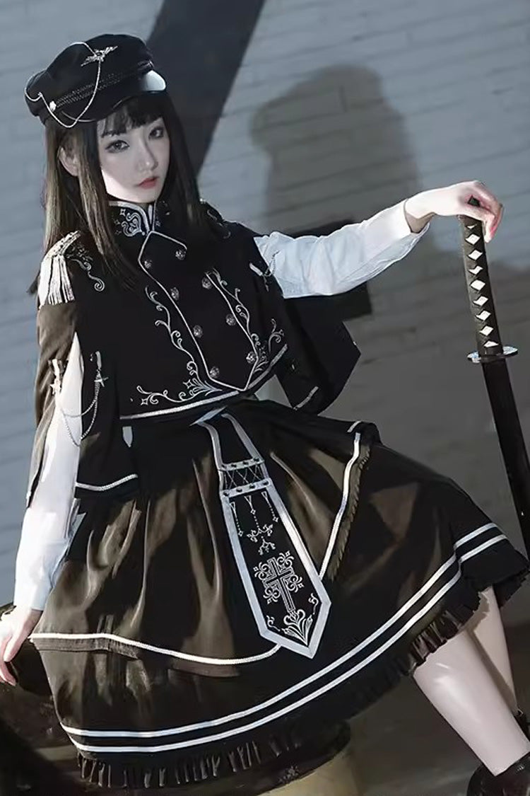 Gothic Military Lolita Skirt with Thorn Print & Ruffle Trim
