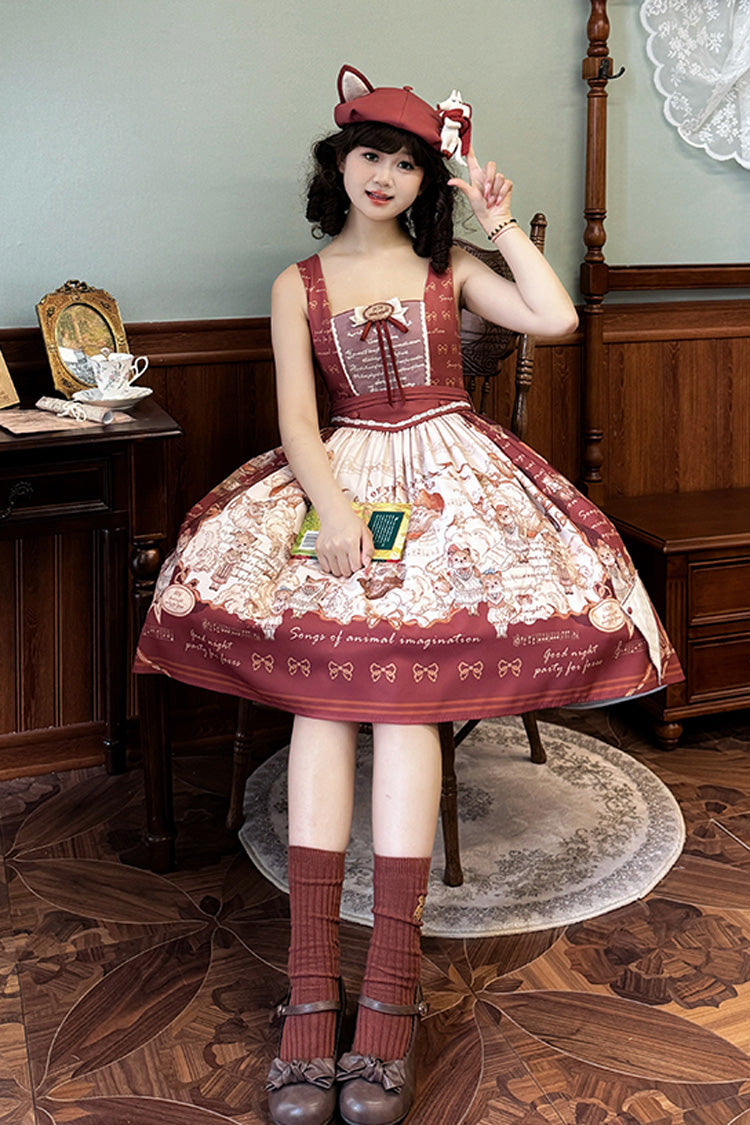 Wine Red Fox Print Square Collar Bowknot Classic Lolita Jumper