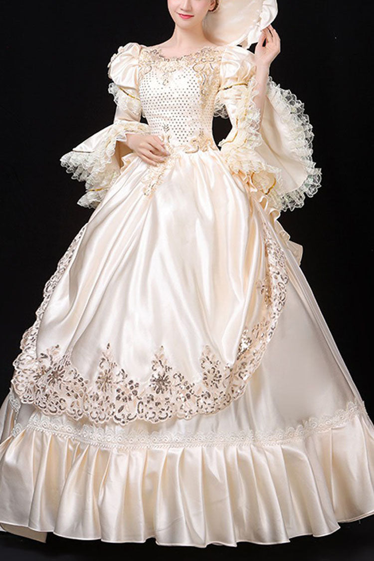 White Hime Sleeve Victorian Gown with Floral Decor - Court Style