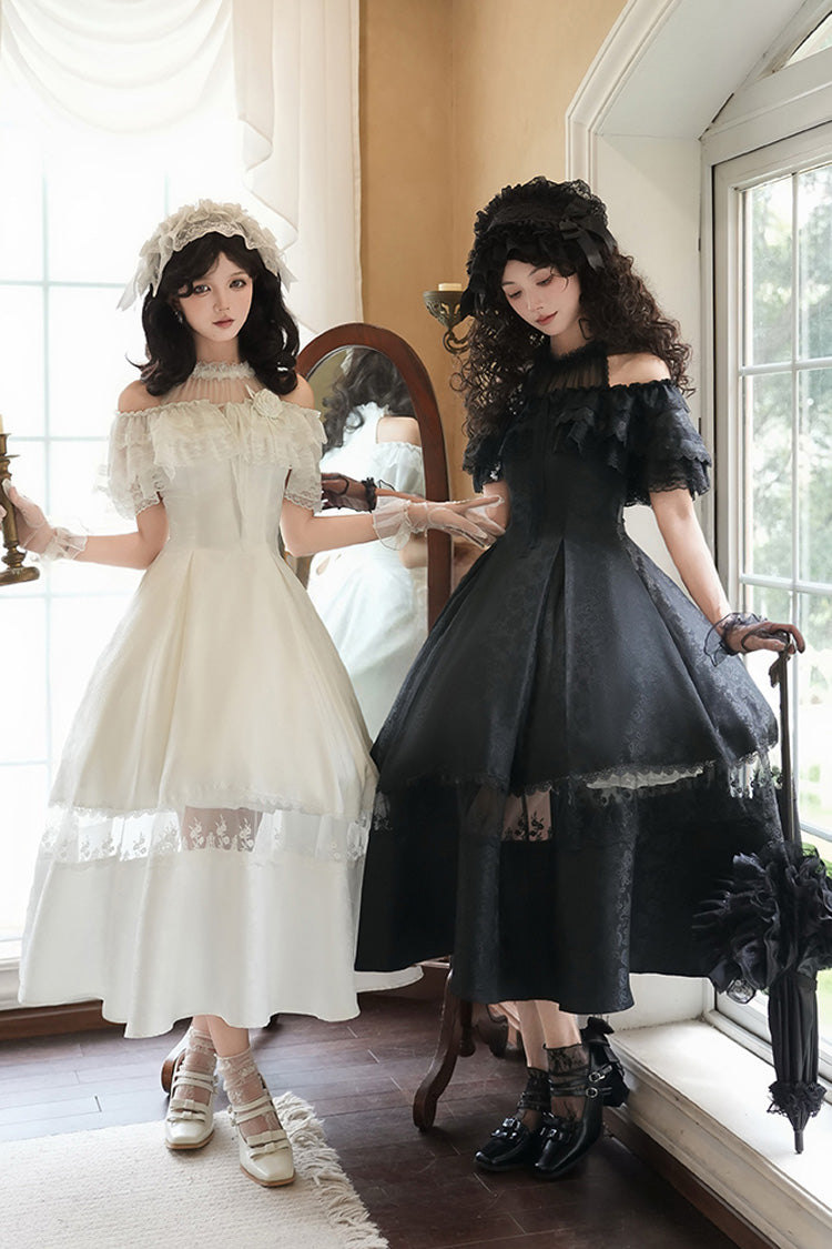 Onyx Off Shoulder Halterneck Printed Ruffle Gothic Elegant Dress - Flowers in the Mist