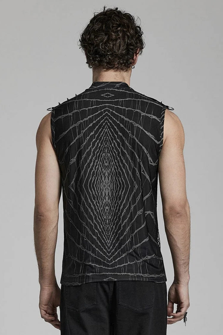 Steampunk T-Shirt with Halo Print, Sleeveless, Mesh and Rivets, 2 Colors