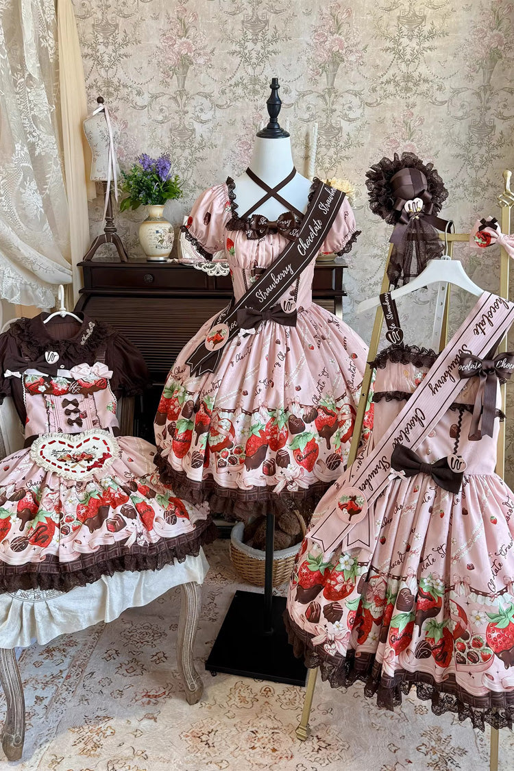 Rose Sleeveless Embroidered Bow Lace Lolita Strap Dress - Strawberry Chocolate Lover