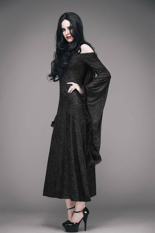 Gothic Oversized Cuffs Stretchy Floral Off-Shoulder Hooded Maxi Dress