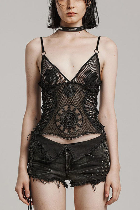 Sheer Mesh Gothic Vest with Lace Embroidery & Adjustable Drawstring for Women