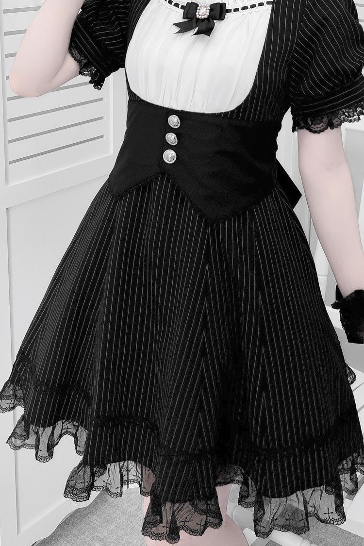 Monochrome Striped Short Sleeve Ruffle Bow Cross Waist Maid Sweet Japanese Dress Set