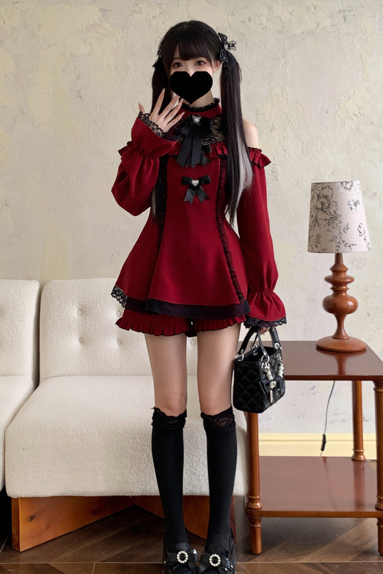 Sweet Off Shoulder Halterneck Long Sleeve Ruffled Bow Lace Jirai Kei Dress Shorts Set