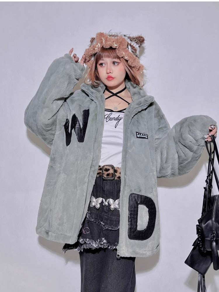 Gray Appliques Baggy Long Sleeves Plush Coat