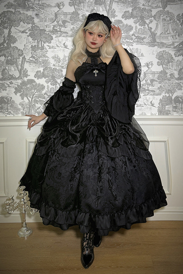 Solid Halterneck Ruffled Bowknot Drawstring Gothic Lolita Dress