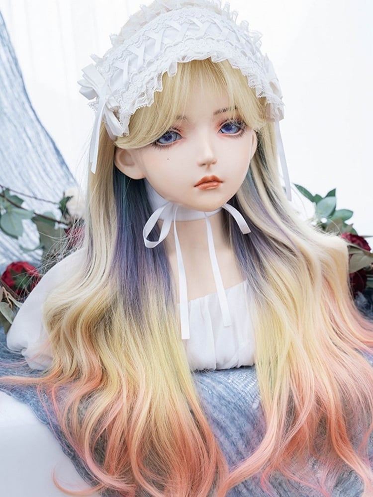 Rainbow Color Long Wavy Synthetic Wig With Curtain Bangs