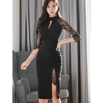 Slim Hollow Out Lace Sleeve Ruffled Split Black Dress