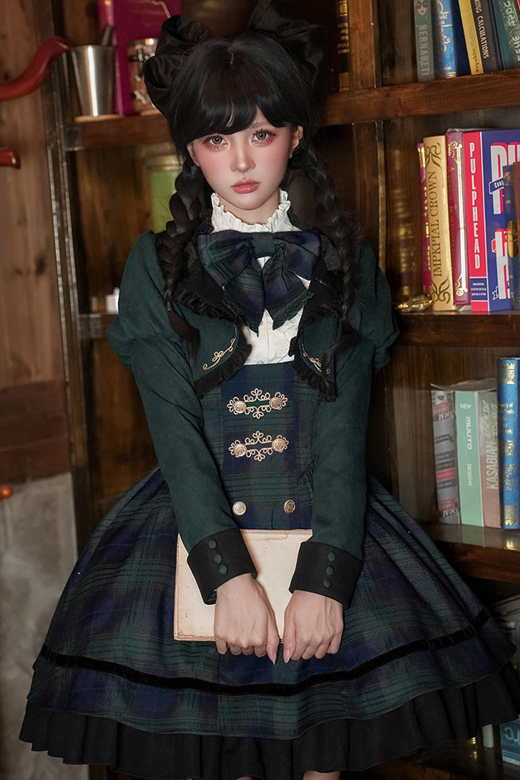 Berlin's Letter Double-Layered Plaid Ruffle Bowknot College Strap Dress
