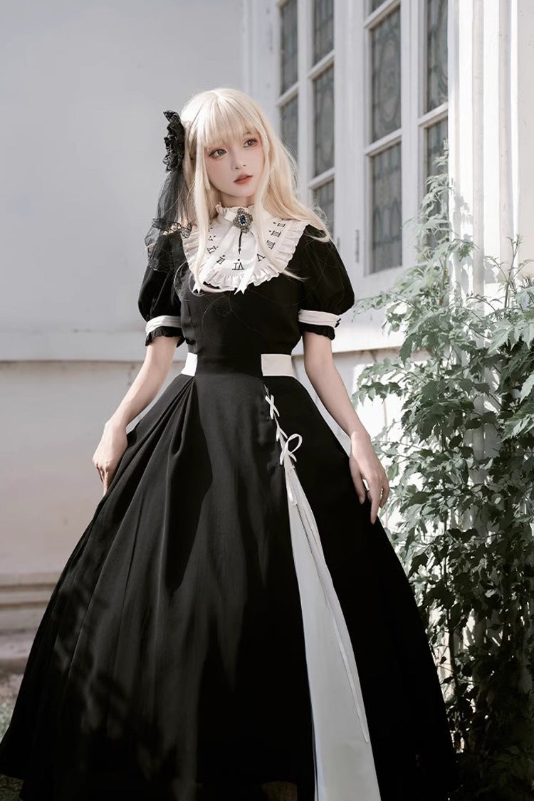 Monochrome Color-Blocked Gothic Dress with Detachable Embroidered Faux Collar