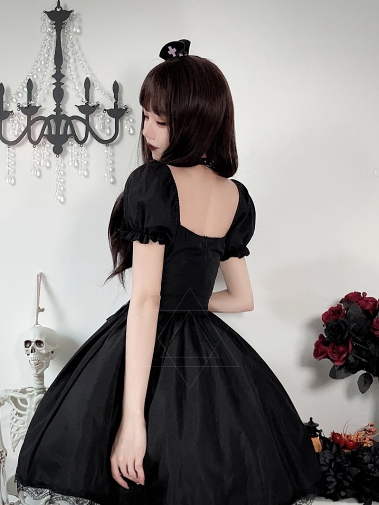 Halloween Dark Black Puff Sleeves Dress Costume