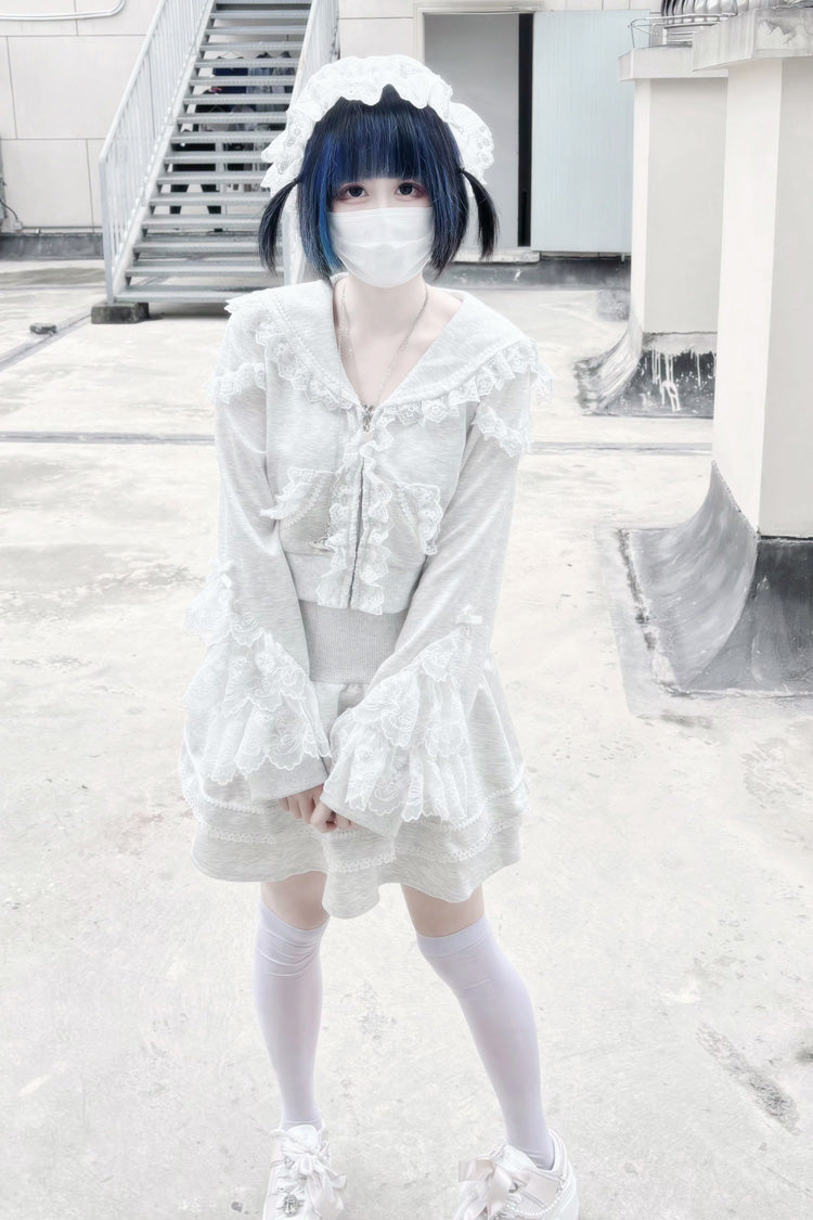 Grey Long Sleeve Ruffled Lace Hooded Jirai Kei Skirt Set