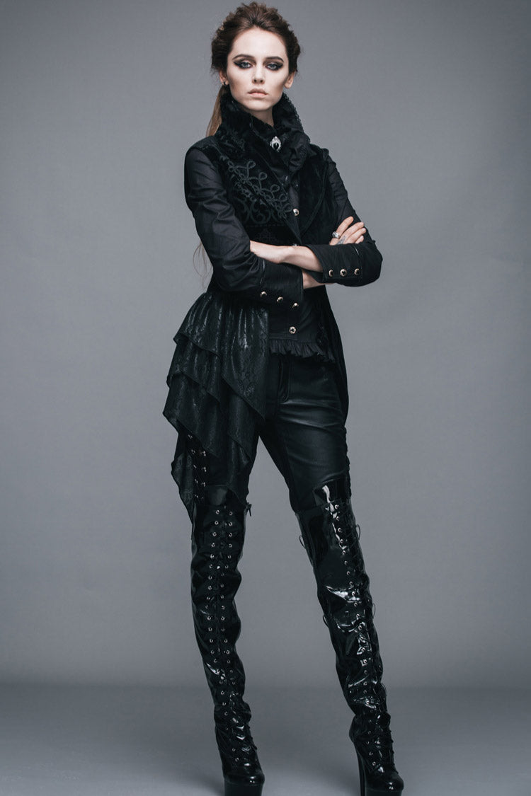 Noir Velvet Gothic Waistcoat with Frog Closures and Asymmetric Hem