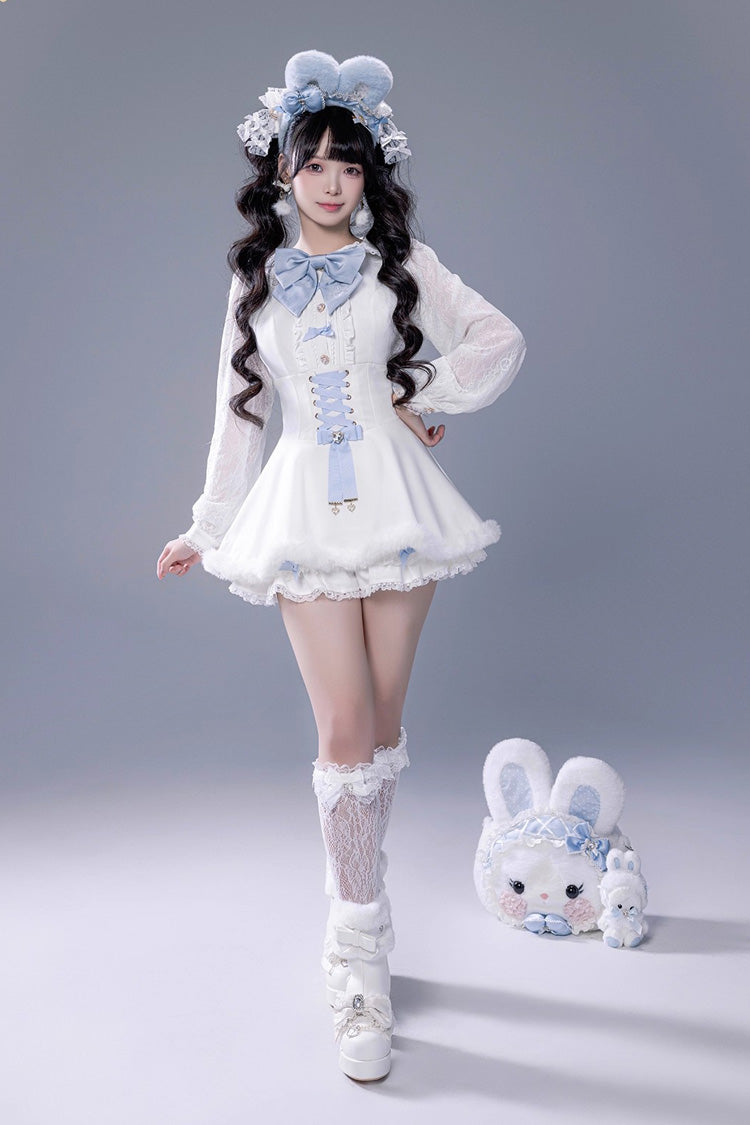 Ivory Ruffled Bow Lace-Up Japanese Dark Jirai Kei Plush Set