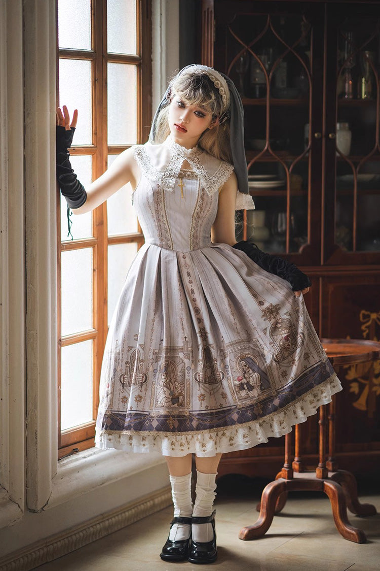 Printed Jumper Dress with Ruffles - Sweet Gothic Lolita