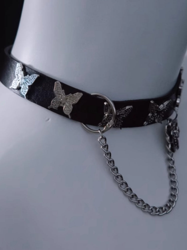 Skull Butterfly Pendant Black Choker with Chain