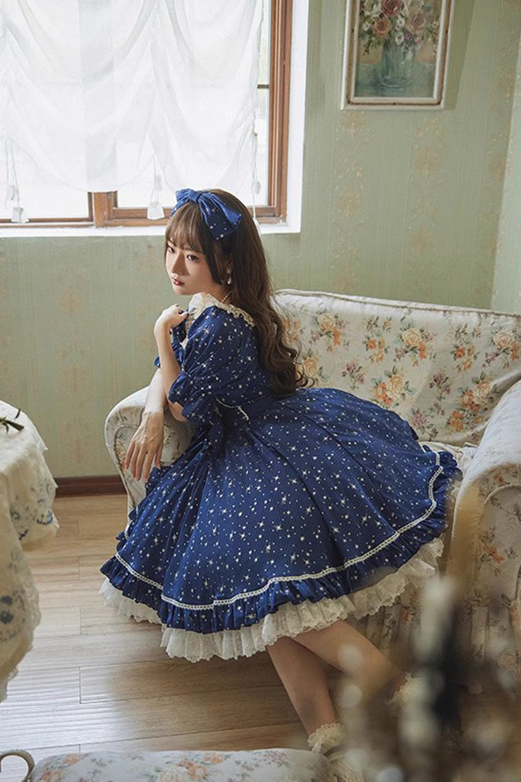 Star Print Short-Sleeved Ruffled Bowknot Sweet OP