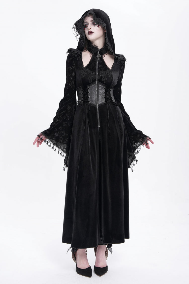 Black Long Sleeves Cutout Embroidered Hooded Ripped Gothic Coat Dress