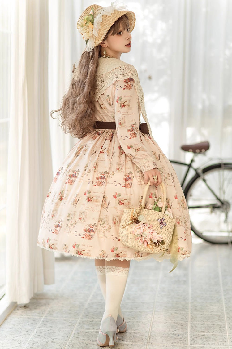 Lantern Sleeve OP Dress with Floral Print - Sweet Lolita