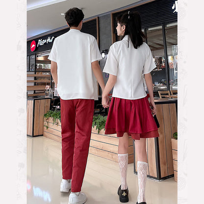 Couple Vintage Embroidery T-Shirt Lace Up Skirt Pants