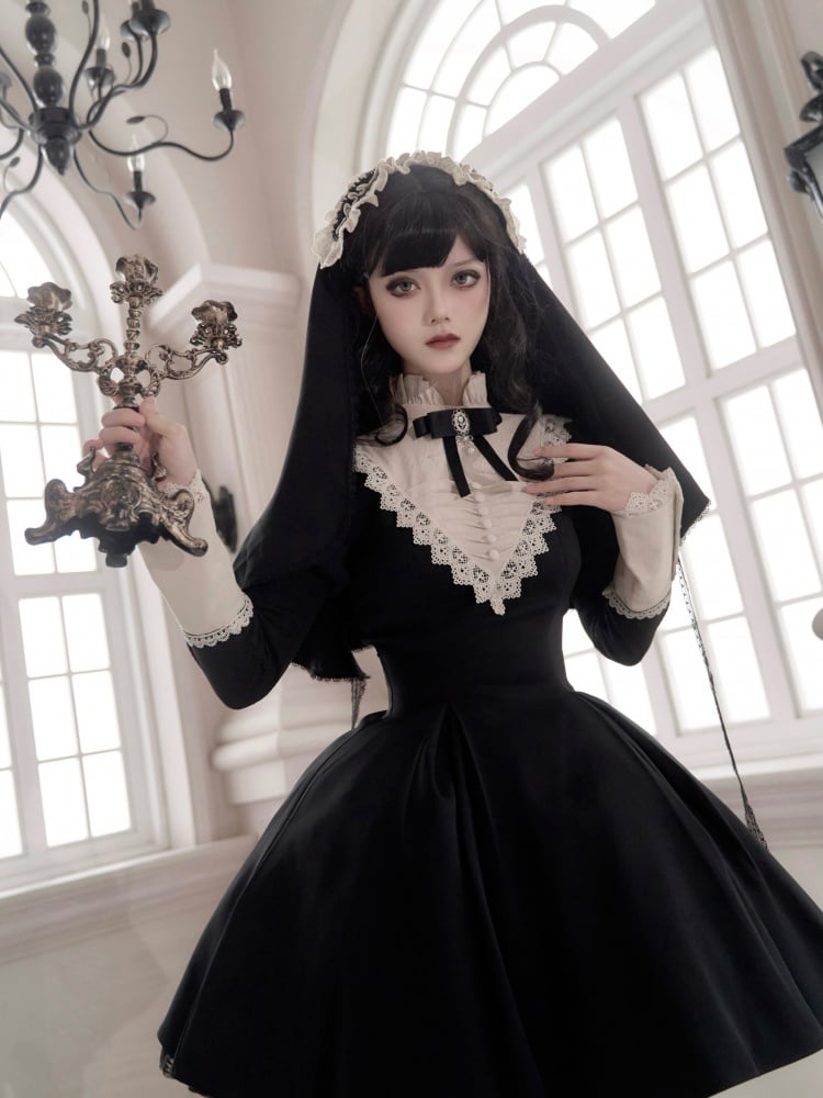 Black Beige Ruffle Banded Collar Lolita Short Dress