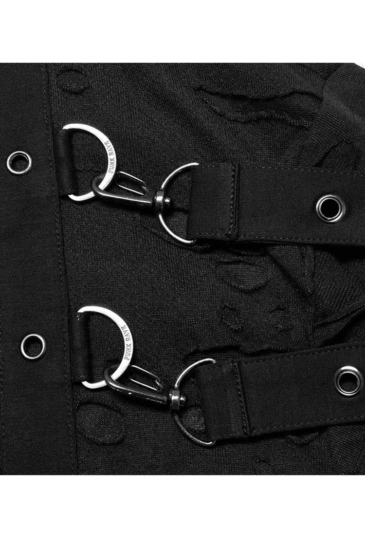 Gothic Distressed Knit Metal Buckle Removable Strap Long-Sleeve Tee
