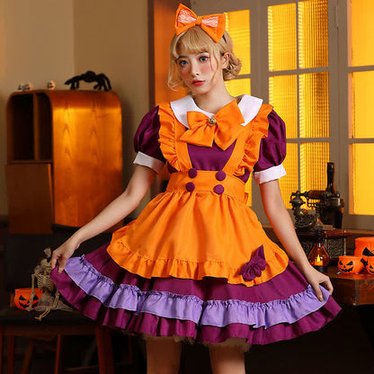 Cute Orange Bow Decor Puff Sleeve Maid Dress