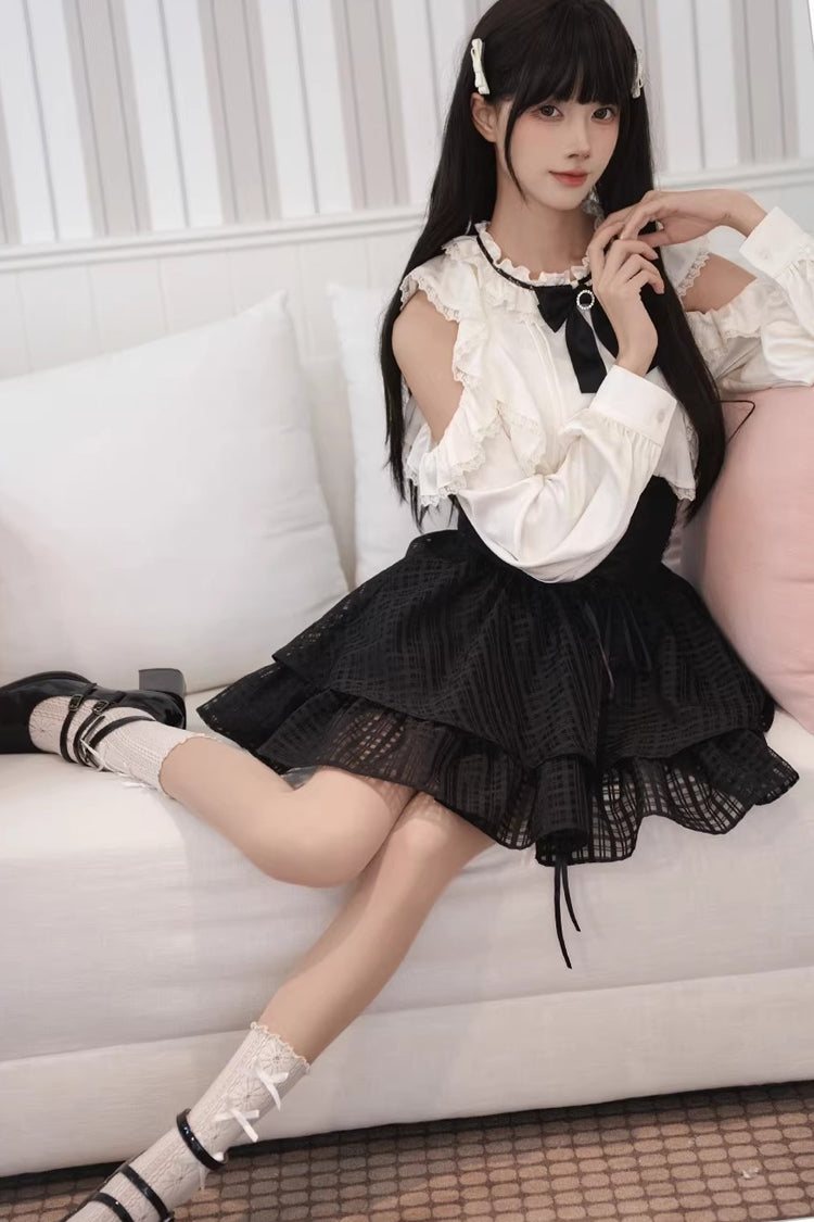 Double-Layered Cut-Out Bow Lace-Up Classic Jirai Kei Skirt Set