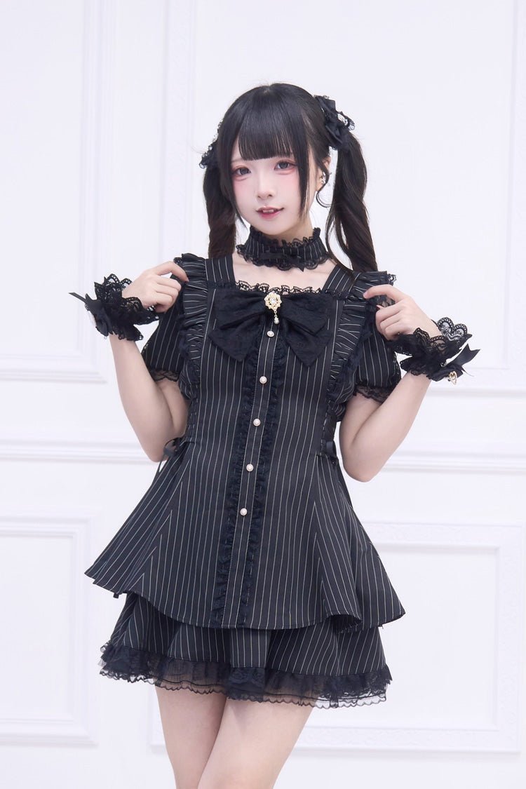 Noir Short Sleeve Striped Ruffle Bow Gothic Jirai Kei Set - Waltz