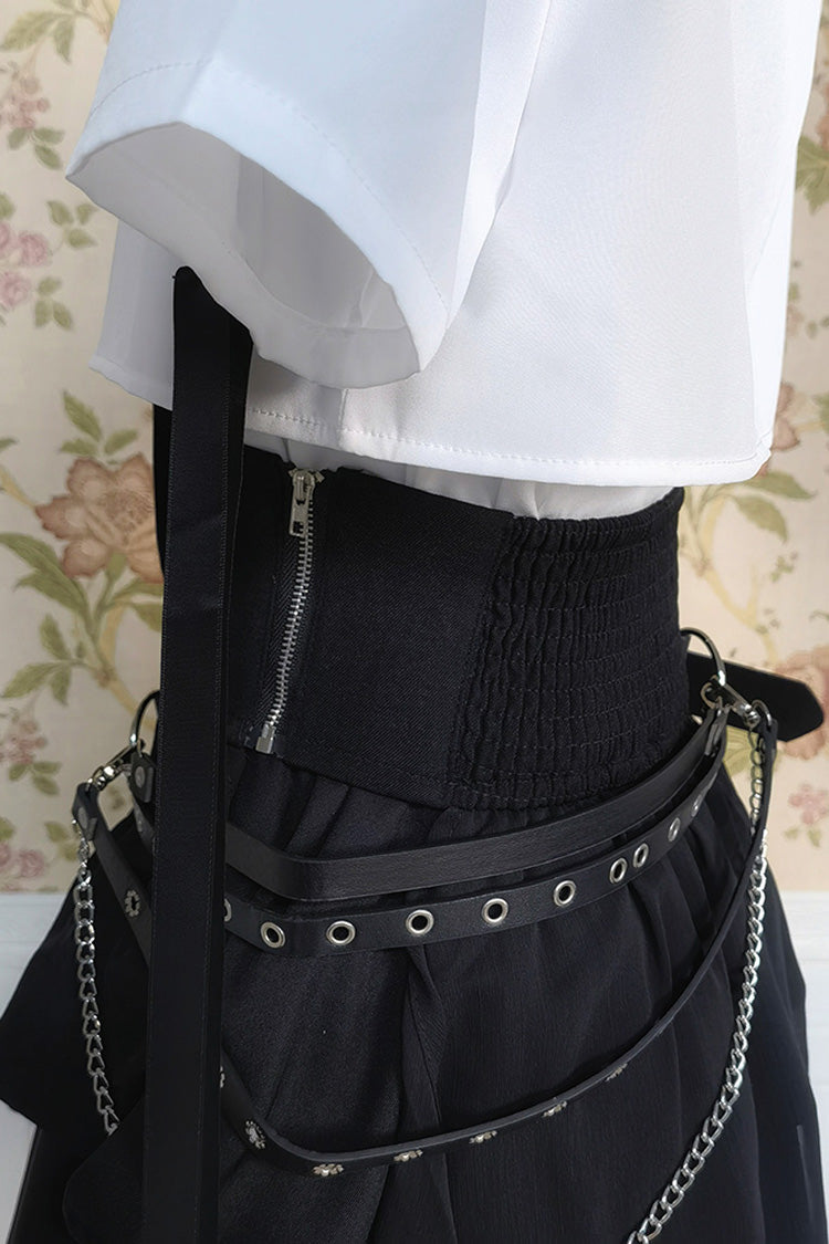 Monochrome Asymmetric Gothic Skirt and Blouse Set with Ruffled Short Sleeves