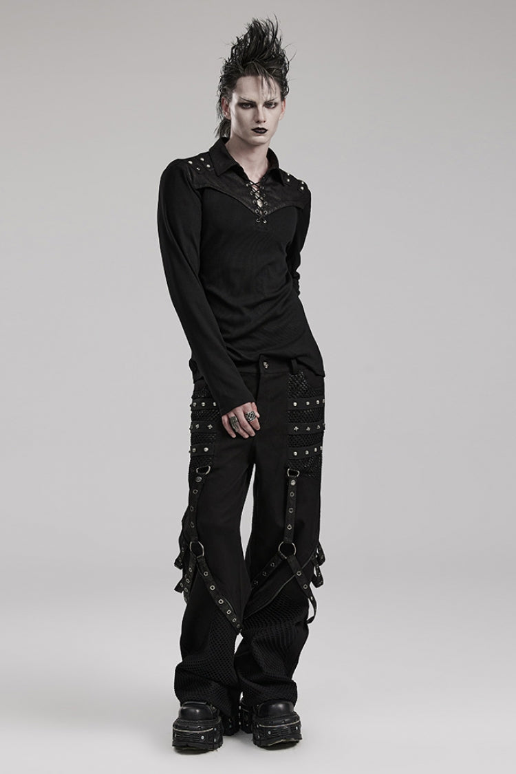 Steampunk Men's Pants with Rivets and Mesh - Cracked Leather - Two Shades