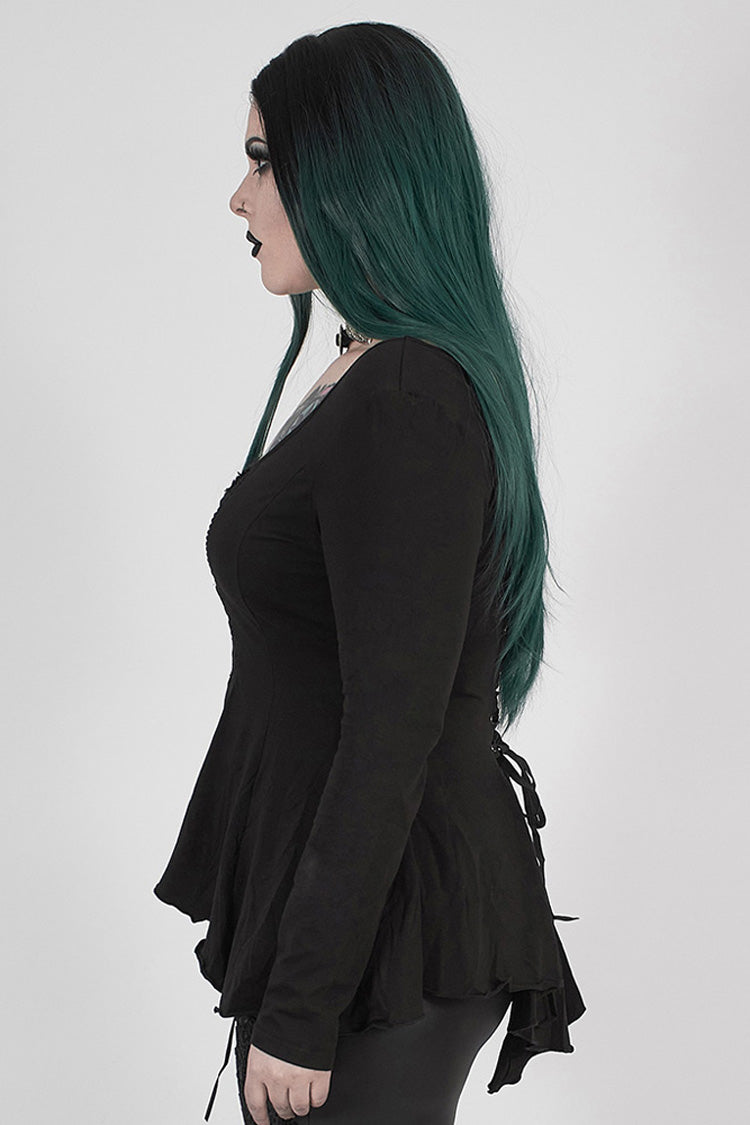 Plus Size Gothic Tee with Round Collar & Back Lace-Up Frill