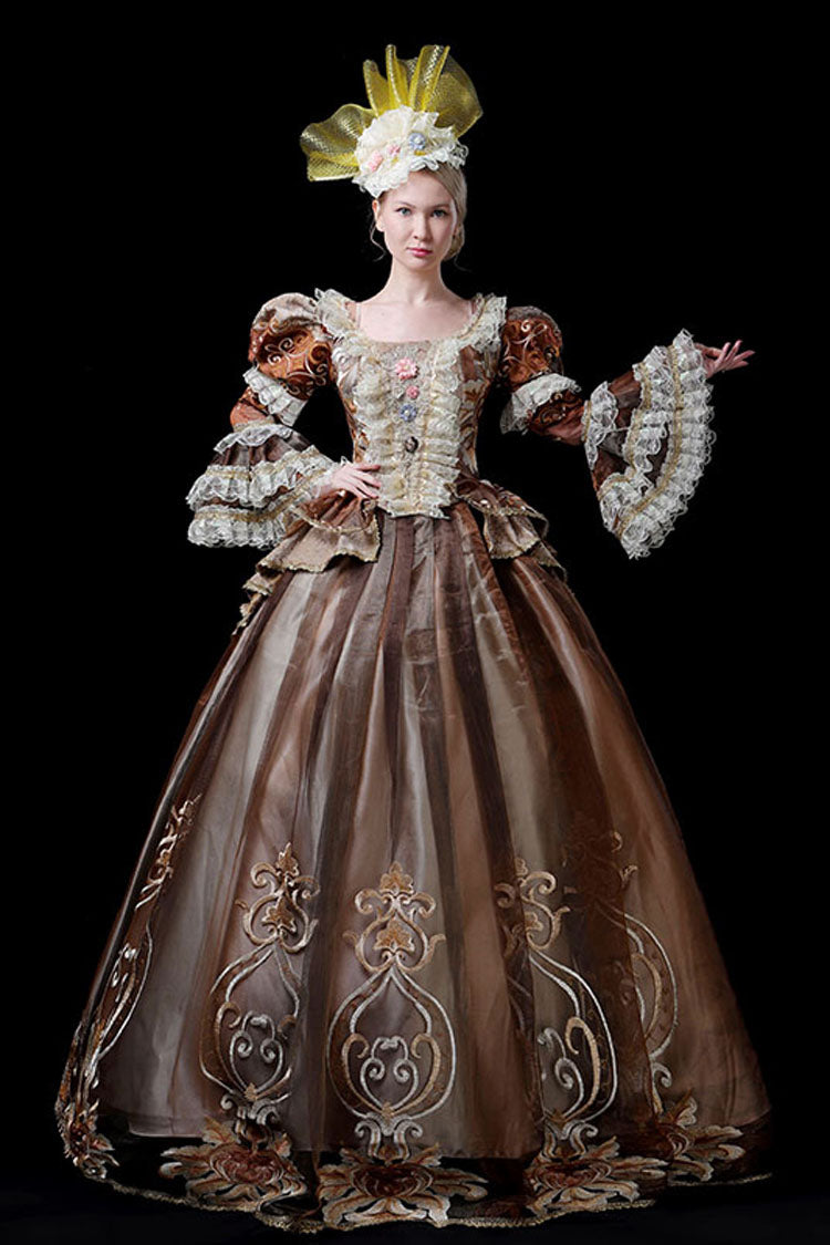 Coffee Victorian Prom Dress with Floral Embroidery and Trumpet Sleeves