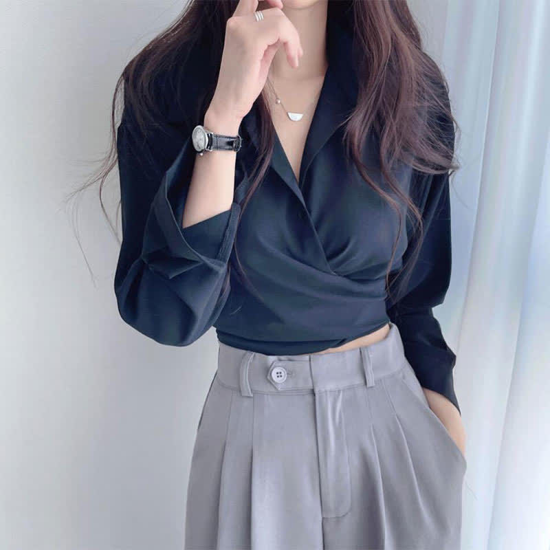 Chic Pure Color Lapel Crop Shirt