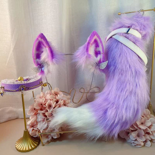 Purple Furry Fox Ears Tail Paw Headband Accessory