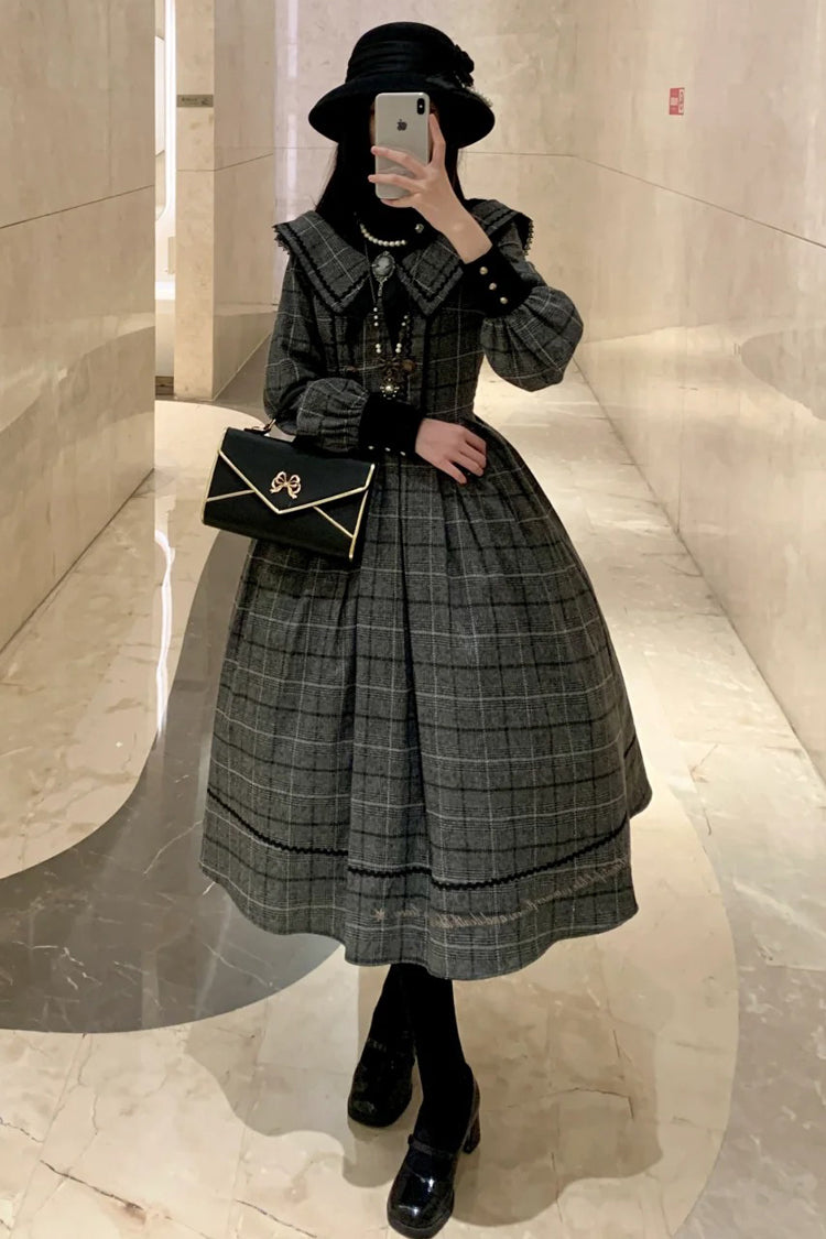 Ash Plaid Bowknot Elegant Sweet Lolita Gown with Long Sleeves