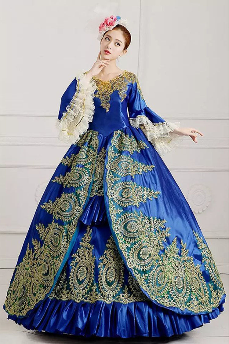 Layered Floral Embroidered Victorian Gown with Fluted Sleeves