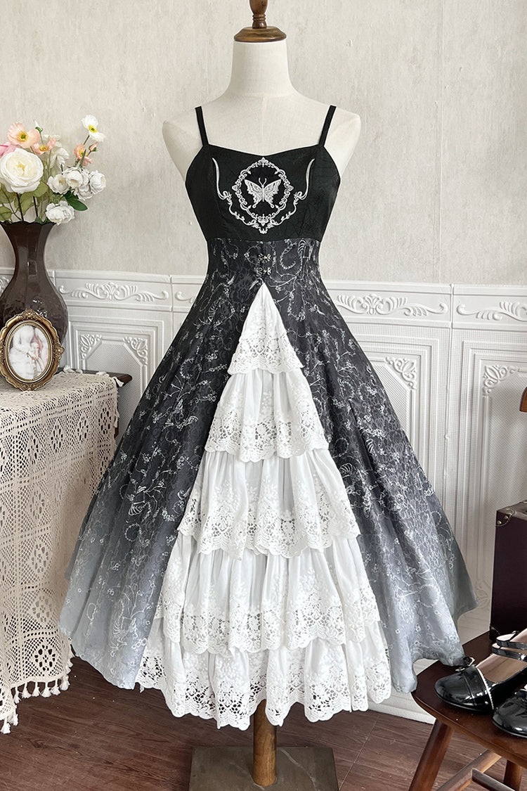 Monochrome Gothic Princess JSK with Bone Print, Ruffled Cardigan, and Lace