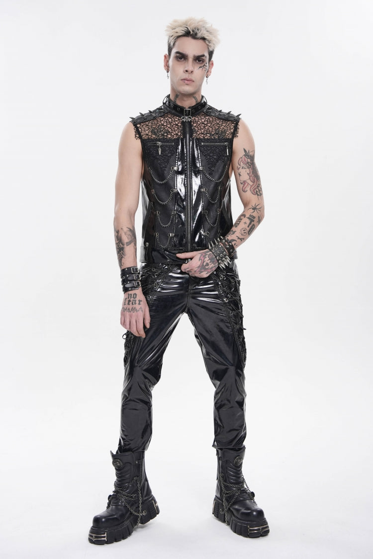 Noir Punk Vest with Chains, Studs, and Mesh Accents