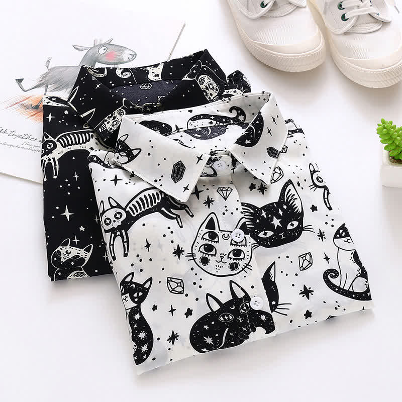 Black White Kitty Print Lapel Chiffon Shirt