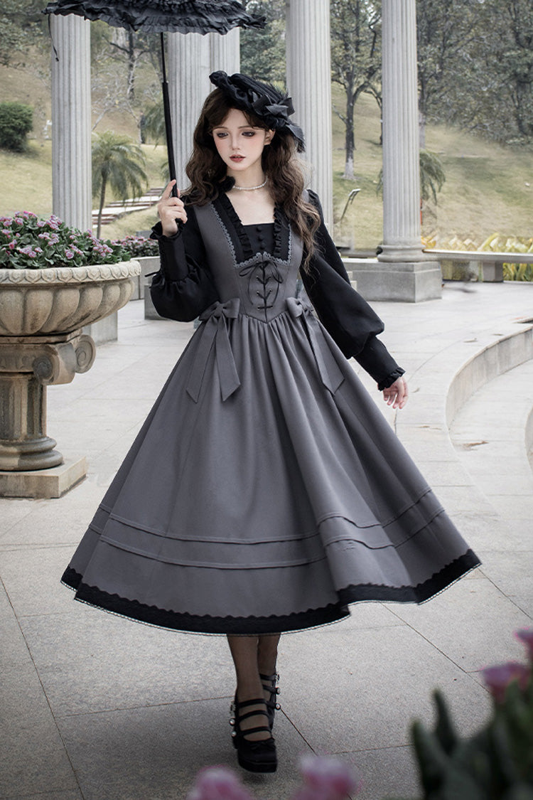 Ash Square-Collar Color-Block Lolita Gown with Lace-Up Bow