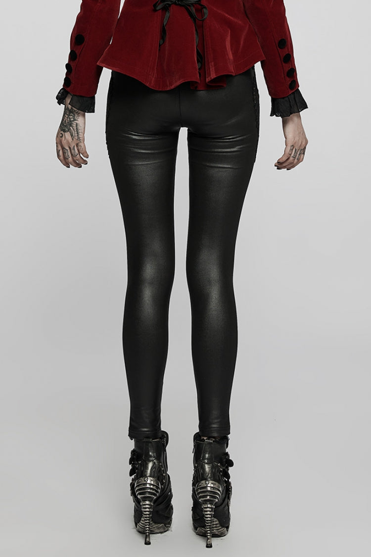 Faux Leather Gothic Leggings with Embroidered Cutout Details for Women