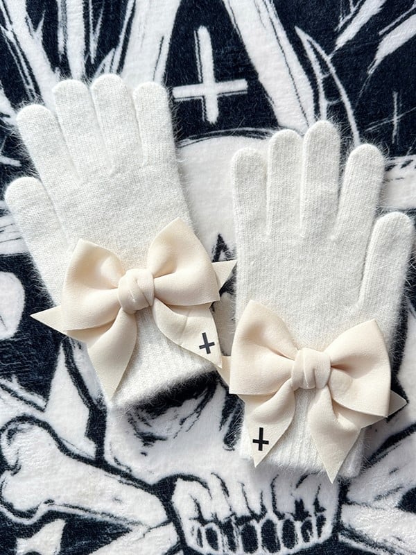 White Black Details Cutout Print at Gloves Cross Finger With Pads Bowknot Gothic