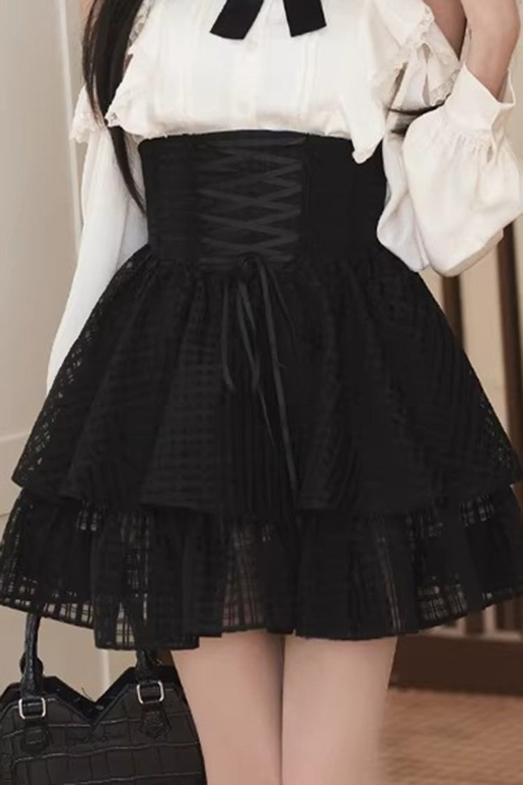 Monochrome Elegant Jirai Kei Skirt Set with Double-Layered Cut-Outs and Bow Lacing