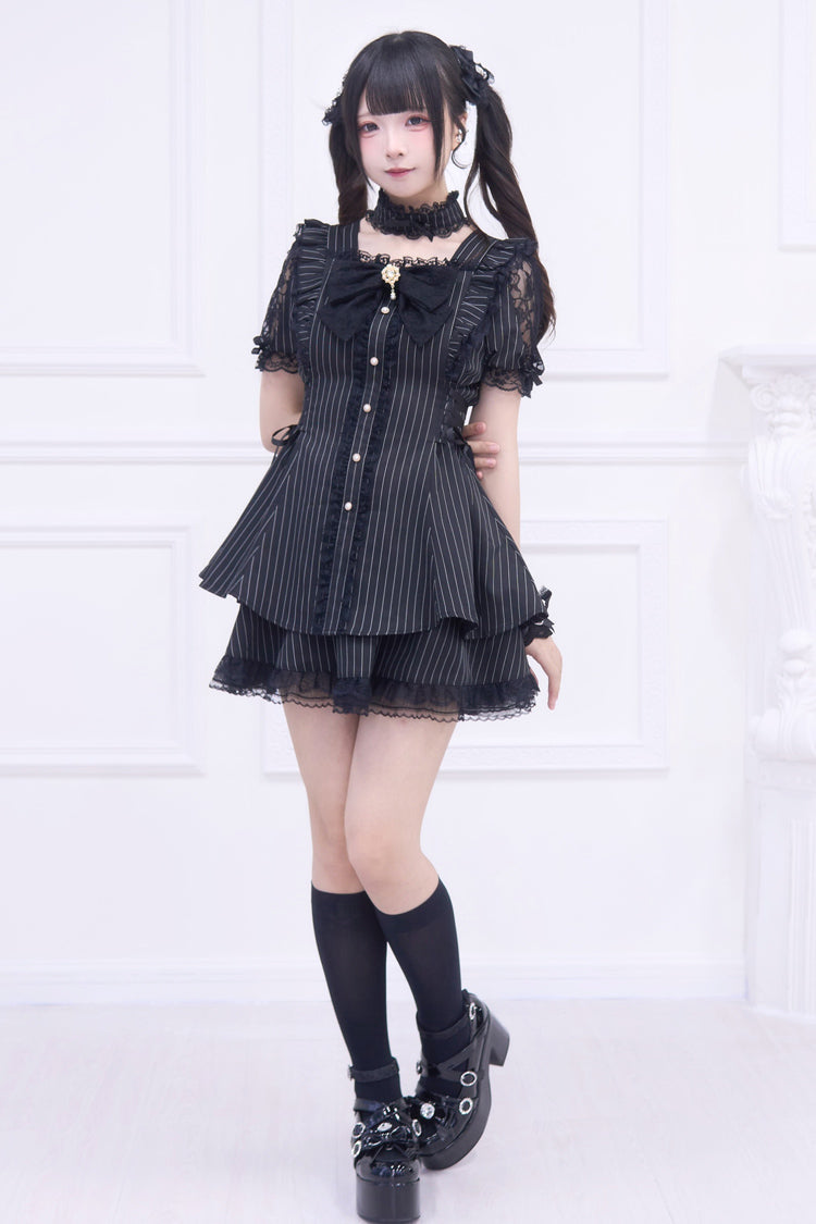Noir Short Sleeve Striped Ruffle Bow Gothic Jirai Kei Set - Waltz