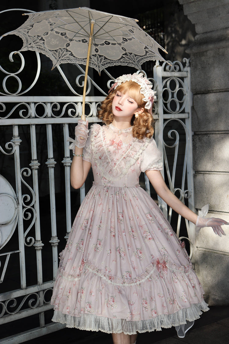Daydream Rose Floral Jacquard Print Ruffle Embroidered Bow Sweet Lolita Dress in Three Shades
