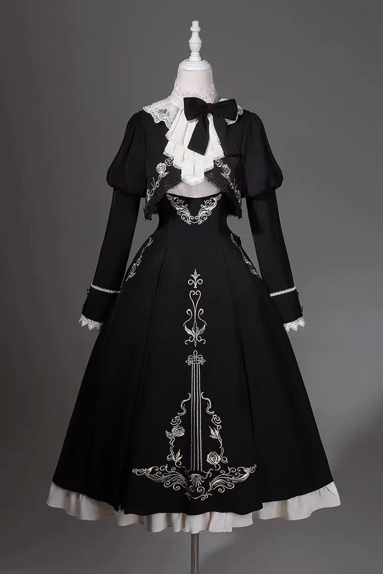 Black White Violin Variations Ruffled Embroidered Gothic Jumper Set